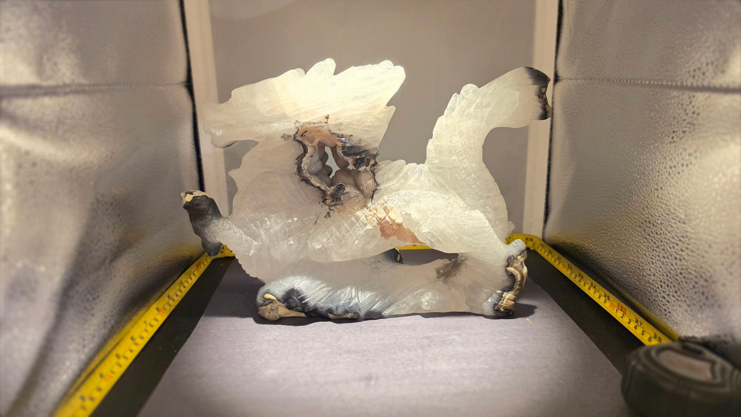 Volcano Moss Agate and White quartz dragon carving