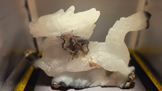 Volcano Moss Agate and White quartz dragon carving